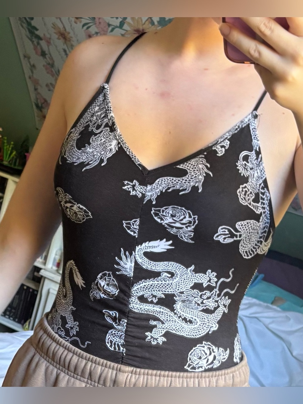 Streetwear Society Black White Dragon Print Spaghetti-Strap Bodysuit